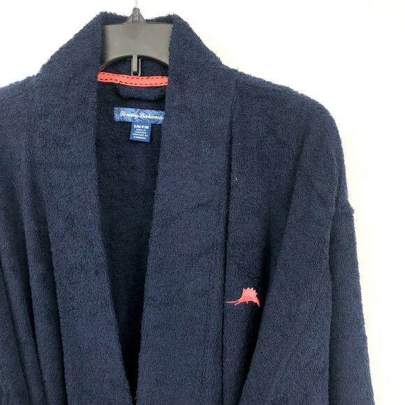 TOMMY BAHAMA Men's Cotton Terry Bath Robe Small Medium Navy Blue Logo Plush NWT - Picture 4 of 10